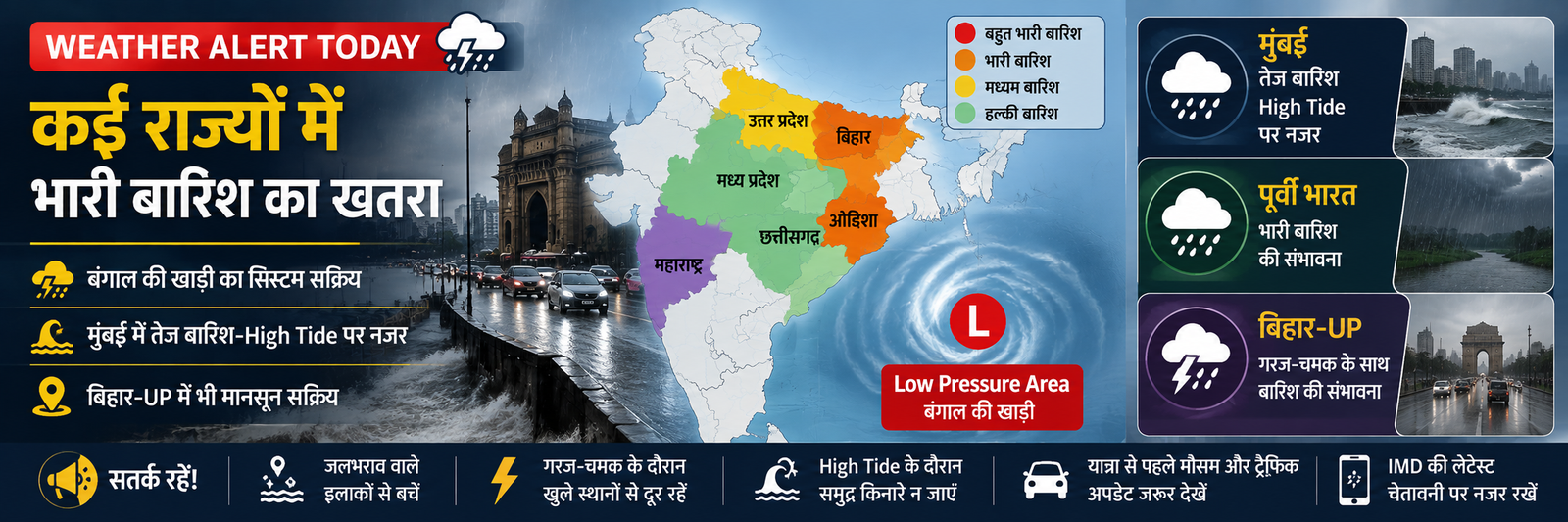 मुंबई में भारी बारिश और High Tide के खतरे के बीच बंगाल की खाड़ी के Low Pressure Area से महाराष्ट्र, ओडिशा, छत्तीसगढ़, मध्य प्रदेश, बिहार और उत्तर प्रदेश में बारिश का अलर्ट