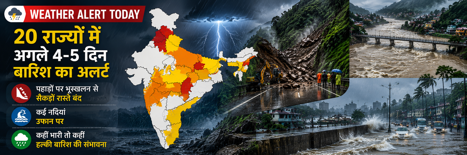 भारत के करीब 20 राज्यों में 24 अगस्त 2026 से अगले चार-पांच दिनों तक बारिश का अलर्ट और हिमाचल, उत्तराखंड व जम्मू-कश्मीर में भूस्खलन का खतरा
