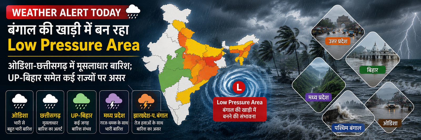बंगाल की खाड़ी में Low Pressure Area बनने से ओडिशा और छत्तीसगढ़ में भारी बारिश तथा उत्तर प्रदेश, बिहार, मध्य प्रदेश और झारखंड में मानसून अलर्ट