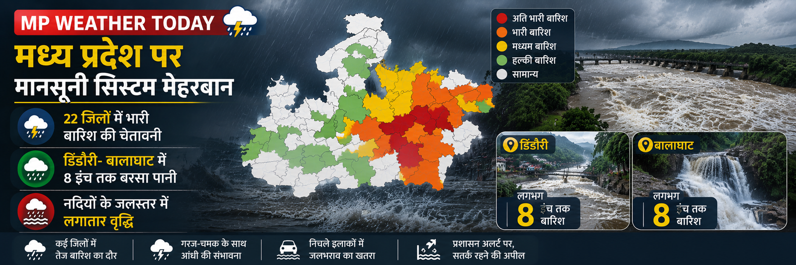 मध्य प्रदेश में 24 अगस्त 2026 को 22 जिलों में भारी बारिश की चेतावनी और डिंडौरी-बालाघाट में तेज मानसूनी बारिश