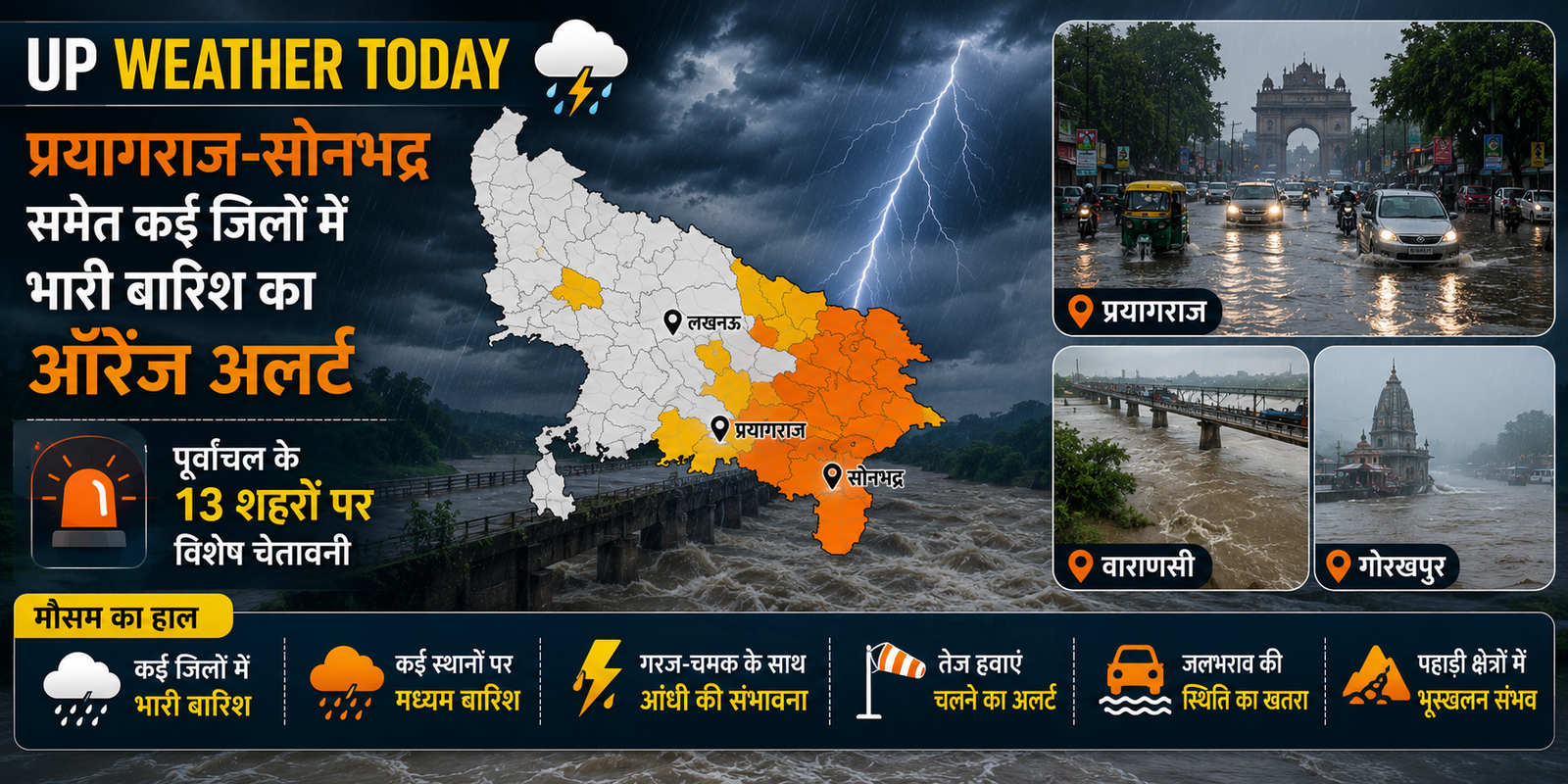 उत्तर प्रदेश में 24 अगस्त 2026 को प्रयागराज, सोनभद्र, मिर्जापुर और चंदौली में भारी बारिश का Orange Alert और पूर्वांचल के कई जिलों में बारिश की चेतावनी