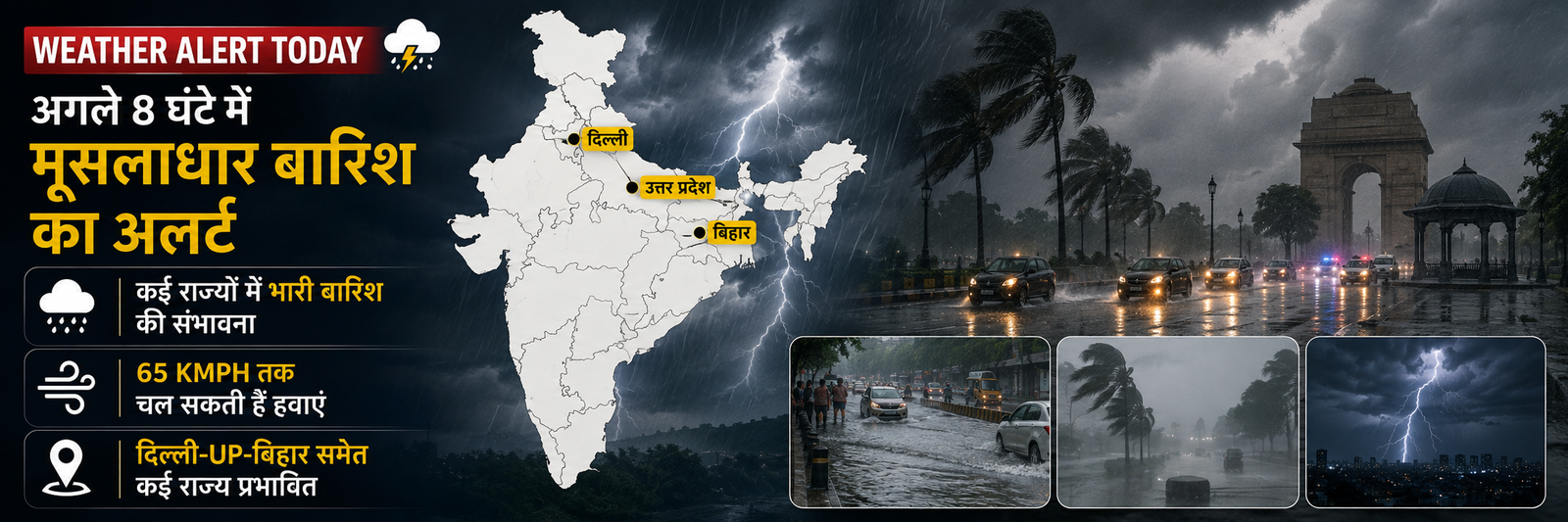 24 अगस्त 2026 को दिल्ली, उत्तर प्रदेश, बिहार, राजस्थान, मध्य प्रदेश, उत्तराखंड और हिमाचल प्रदेश समेत कई राज्यों में भारी बारिश और तेज हवाओं का अलर्ट