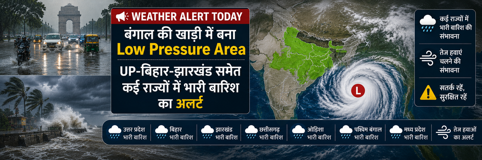 बंगाल की खाड़ी में बने Low Pressure Area के कारण उत्तर प्रदेश, बिहार, झारखंड, ओडिशा, छत्तीसगढ़ और आसपास के राज्यों में भारी बारिश का अलर्ट