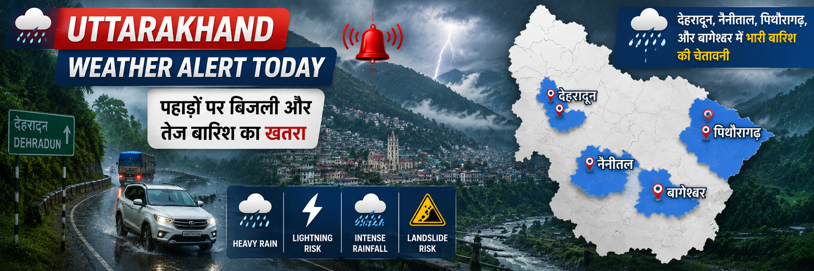 उत्तराखंड में 25 अगस्त 2026 को देहरादून पिथौरागढ़ नैनीताल और बागेश्वर में भारी बारिश और बिजली की चेतावनी