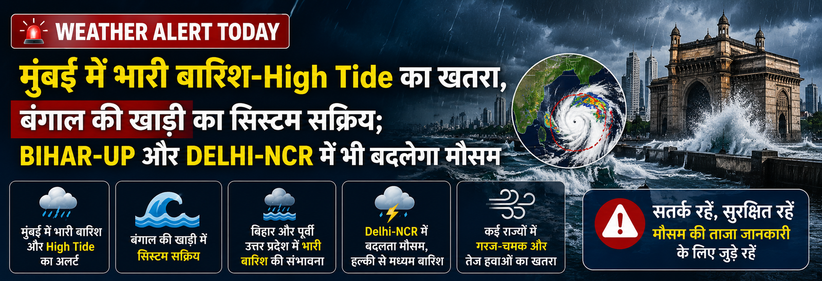 Mumbai में heavy rain और High Tide के बीच Bay of Bengal weather system से Bihar UP Delhi NCR समेत कई क्षेत्रों में weather alert